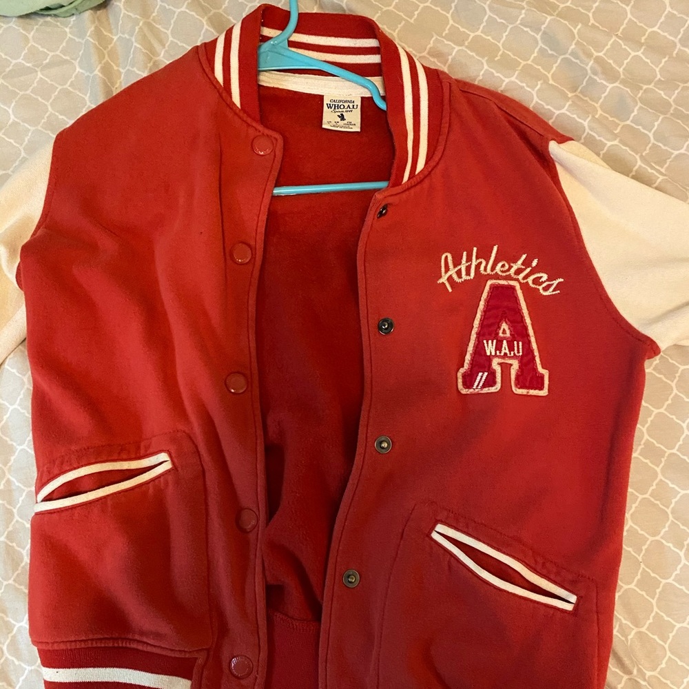 red and white varsity jacket